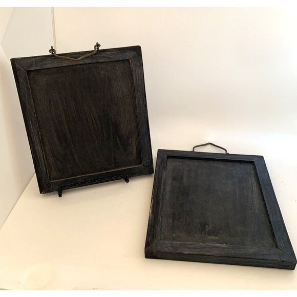 2 Chinese Export Canton Porcelain Wall Plaques Blue & White Wood Framed 9x10.25 - Picture 7 of 8